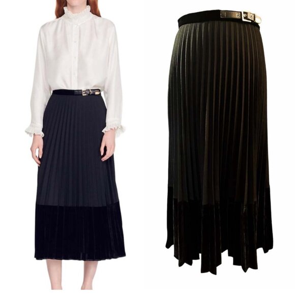 Sandro Velna Velvet-Detail Pleated Skirt XS 0/XS - Picture 16 of 16